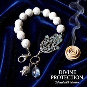 White Lava Bead Bracelet | Hamsa Hand & Buddha Charms | Blessings & Protection